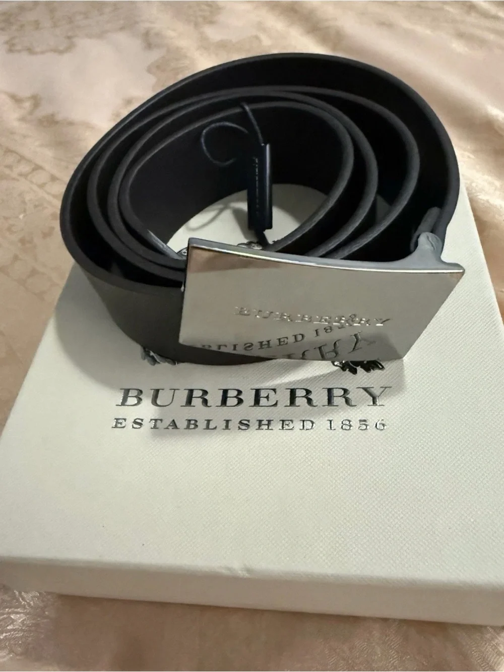 Burberry Brown Leather Belt with Polished Silver Plaque Buckle Sz 36/38